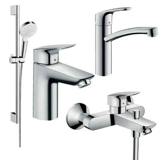 Изображение Набор смесителей для ванны Hansgrohe EcoSmart Logis/Focus 100 (71104+7140+31806+26534400), хром (20200012)